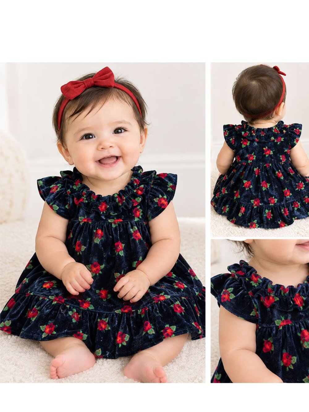 Janie And Jack Dress Baby Girls 3-6 months Navy Velvet Rose Print Holiday Ruffle